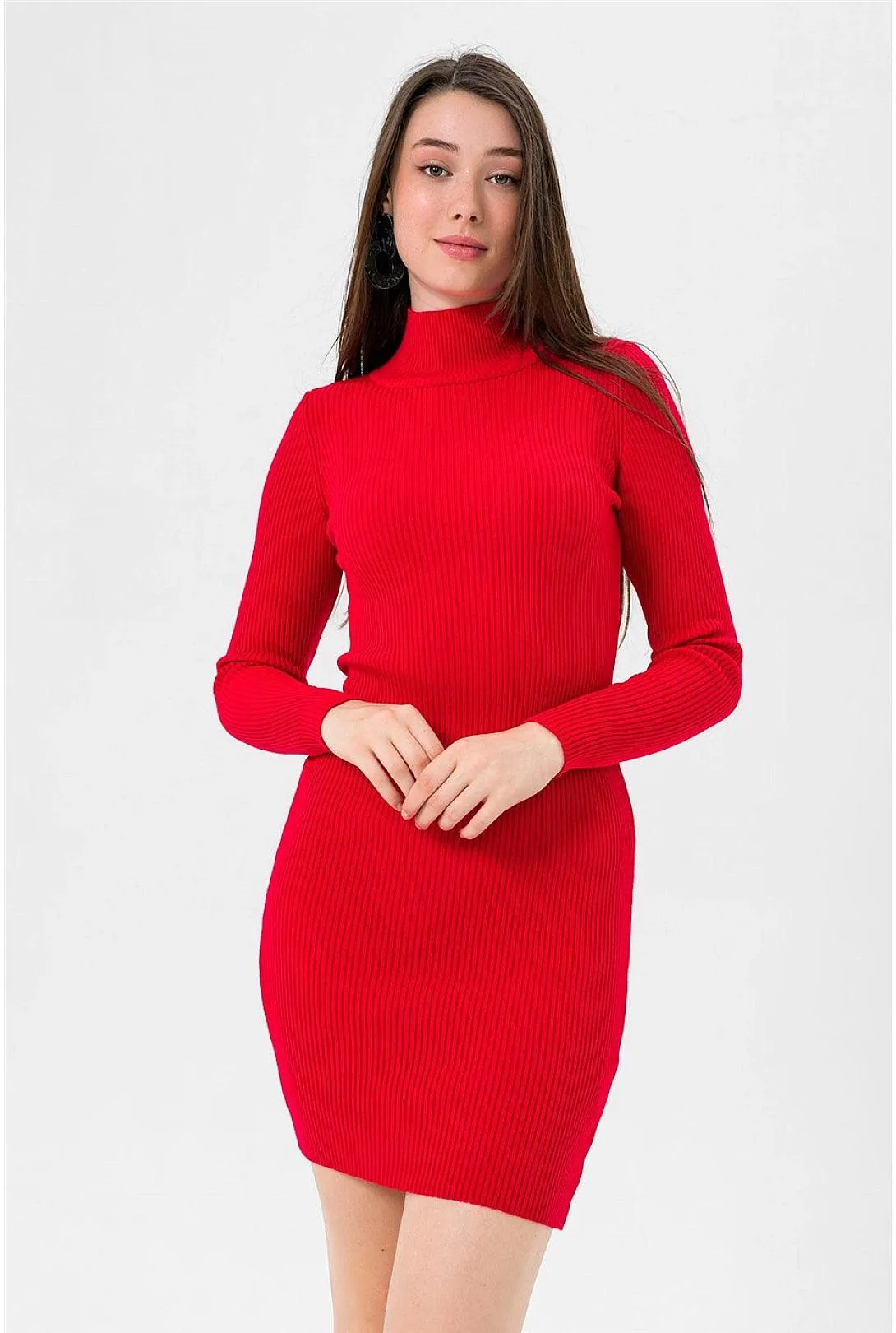 Red Turtleneck Knitted Mini Sweater Dress for Women | Long Sleeve, Slim Fit