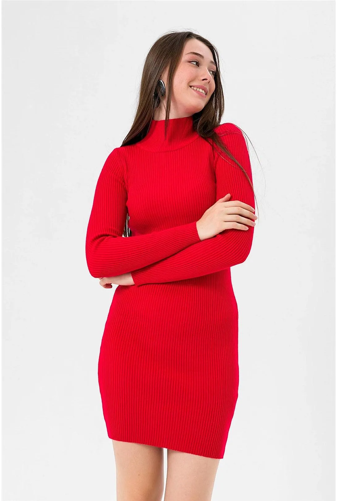 Red Turtleneck Knitted Mini Sweater Dress for Women | Long Sleeve, Slim Fit