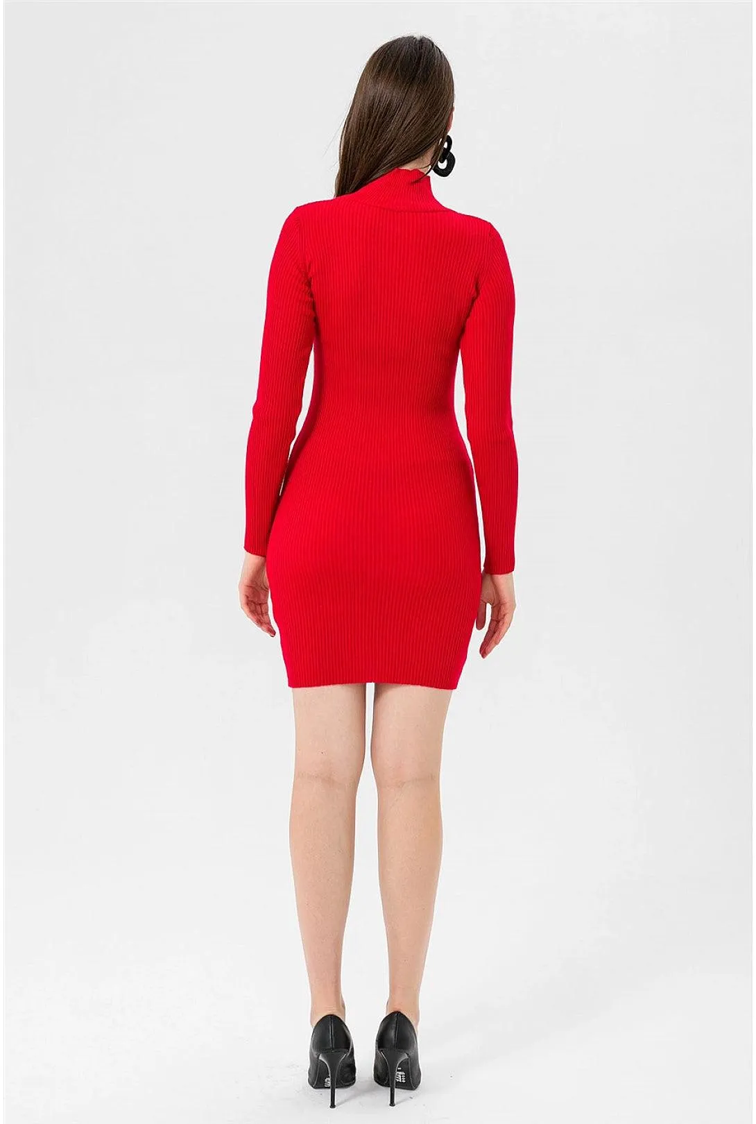 Red Turtleneck Knitted Mini Sweater Dress for Women | Long Sleeve, Slim Fit