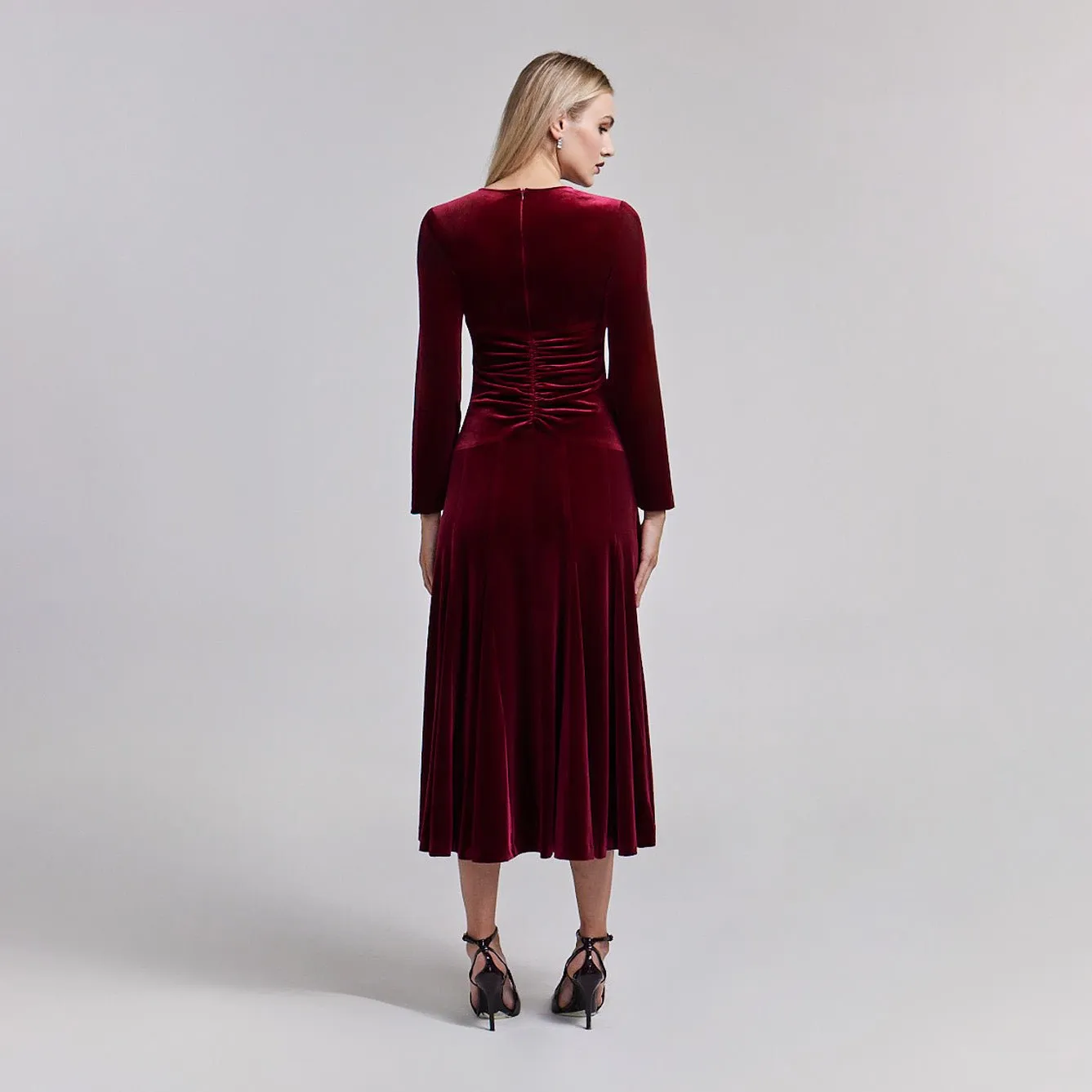 Red Velvet Gathered Waist Maxi Dress