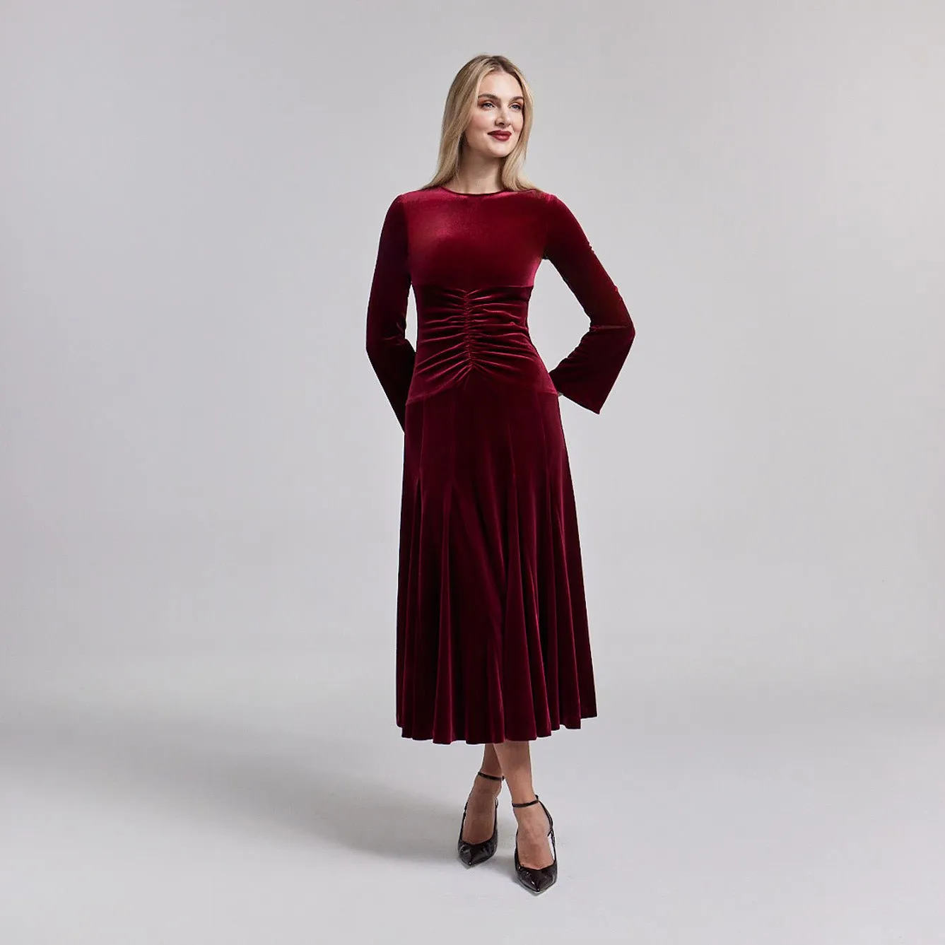 Red Velvet Gathered Waist Maxi Dress