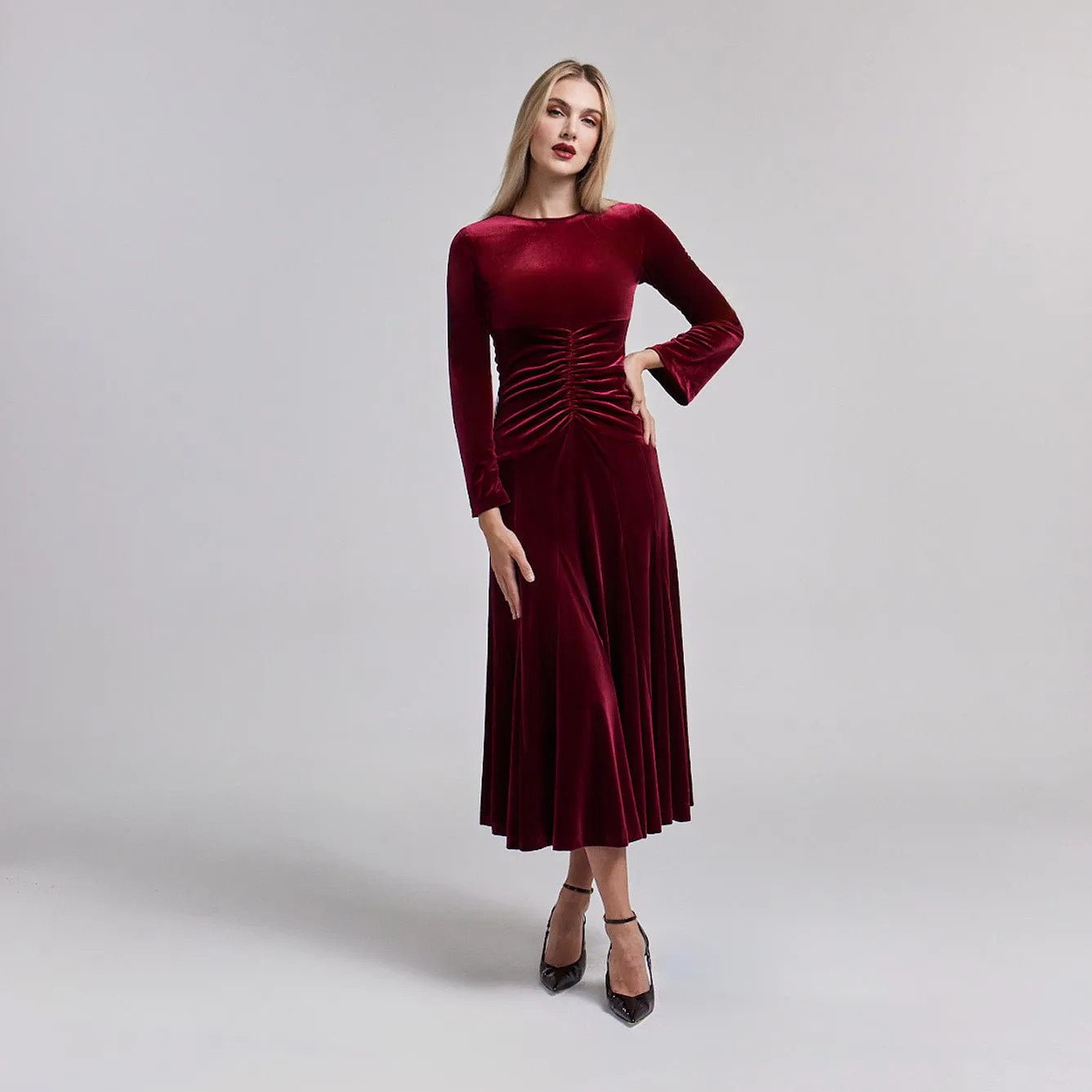 Red Velvet Gathered Waist Maxi Dress