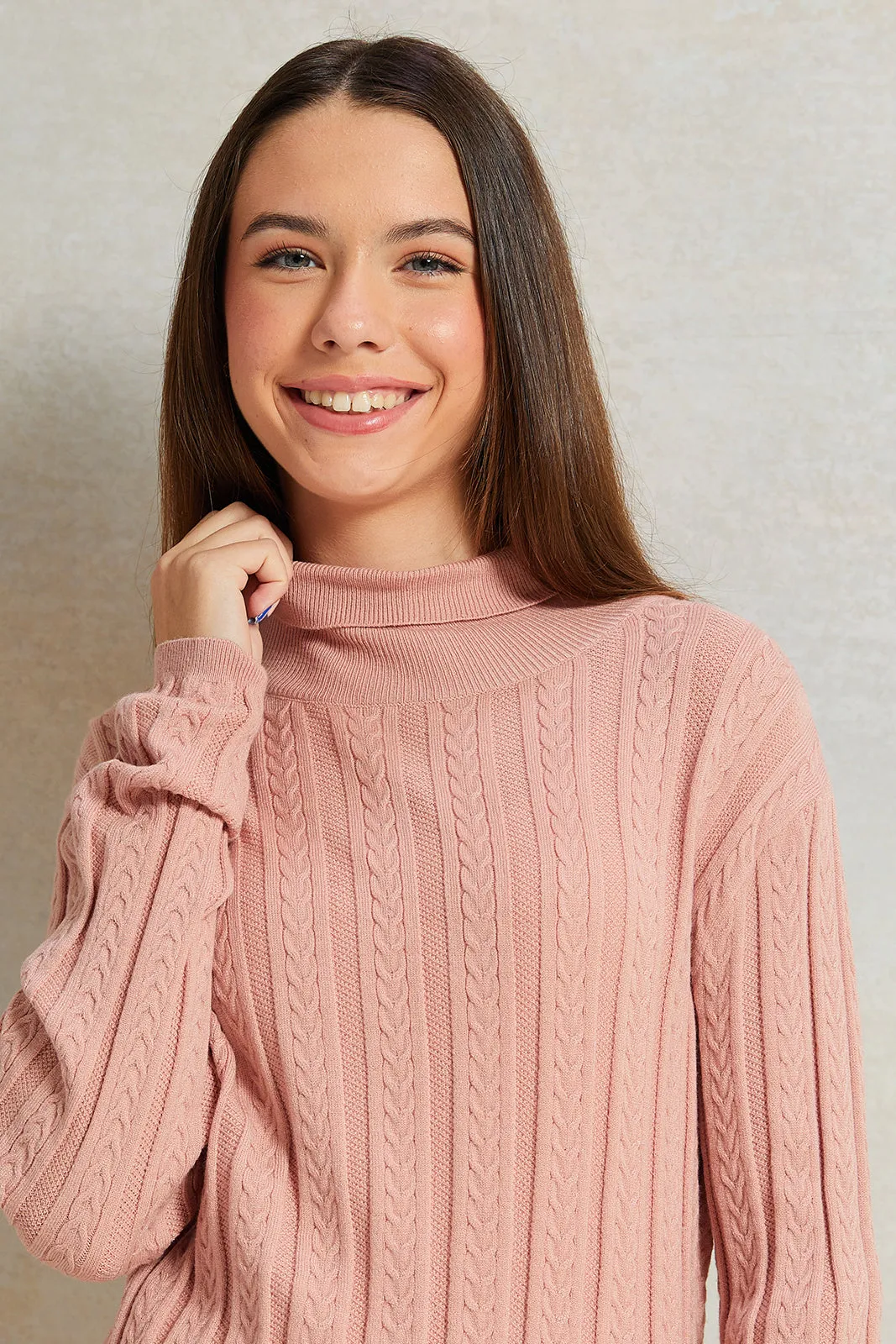 Senior Girls Pink High Neck Cable Knit Pullover