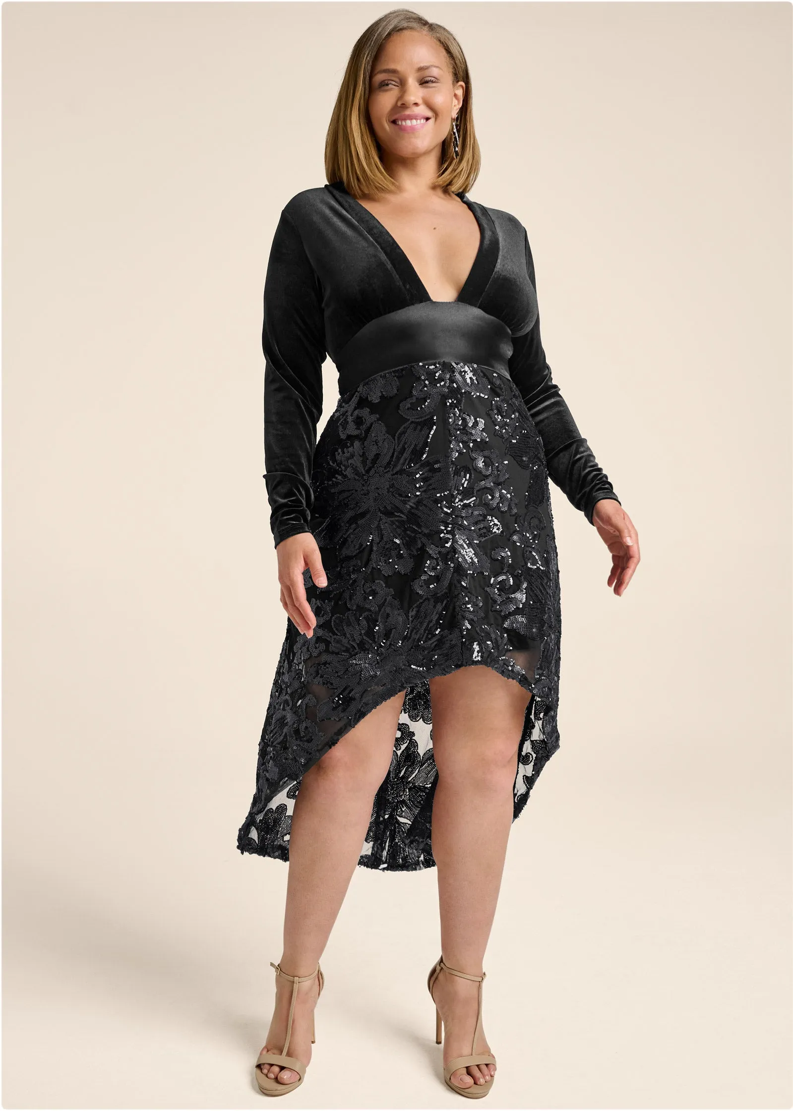 Sequin Lace High-Low Dress - Black