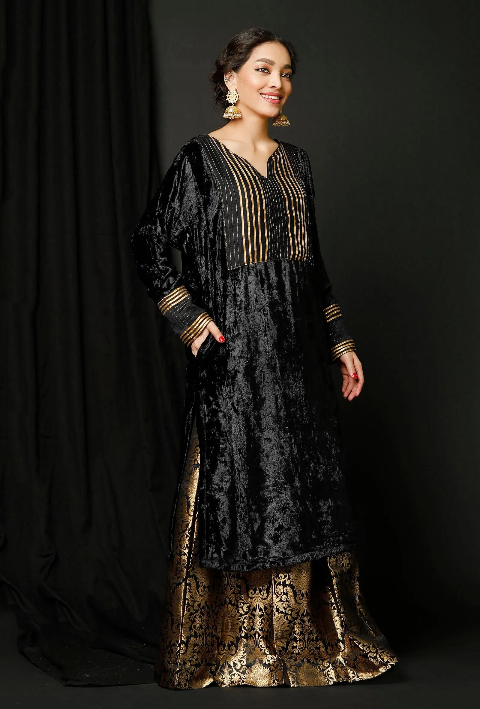 Set of 2 : Black Velvet Phiran and Black Banarsi Brocade Skirt