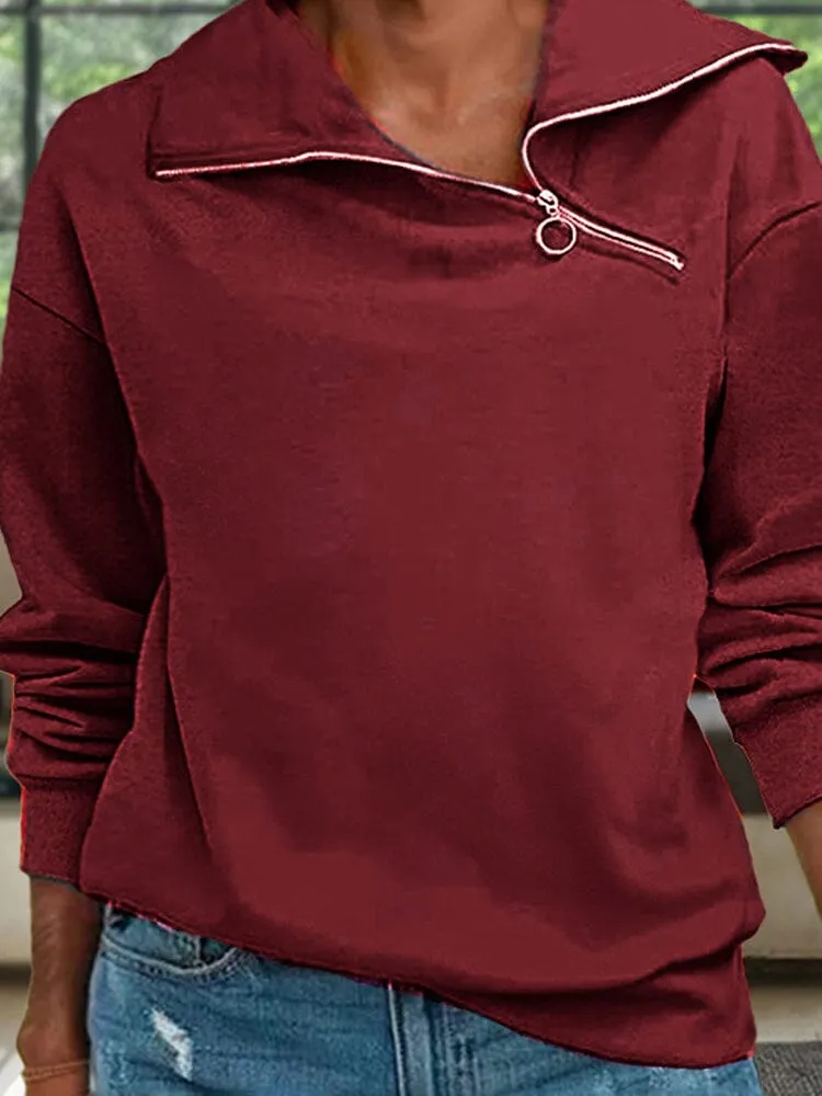 Stylish Slant Zipper Pullover Sweatshirt