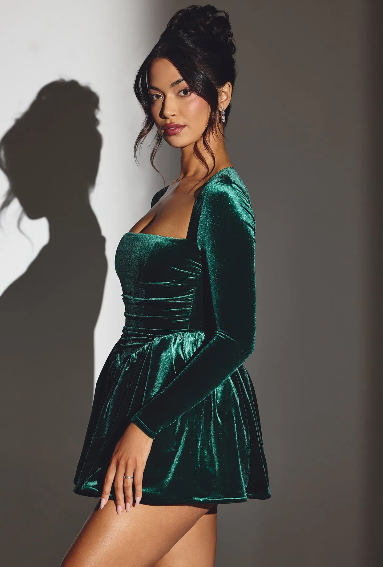 Velvet Long Sleeve Corset Mini Dress in Emerald Green