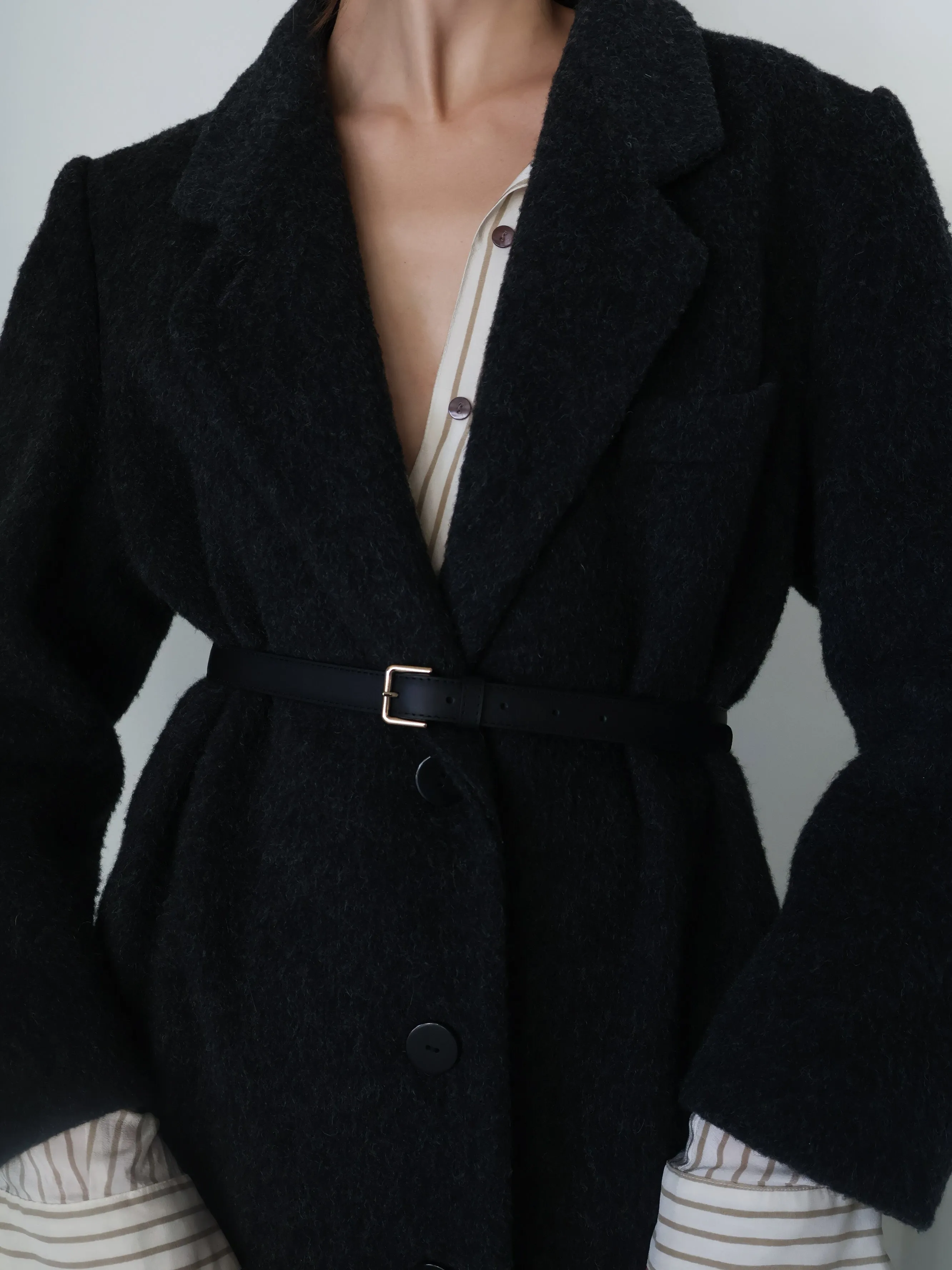 Vintage Charcoal Wool Long Overcoat