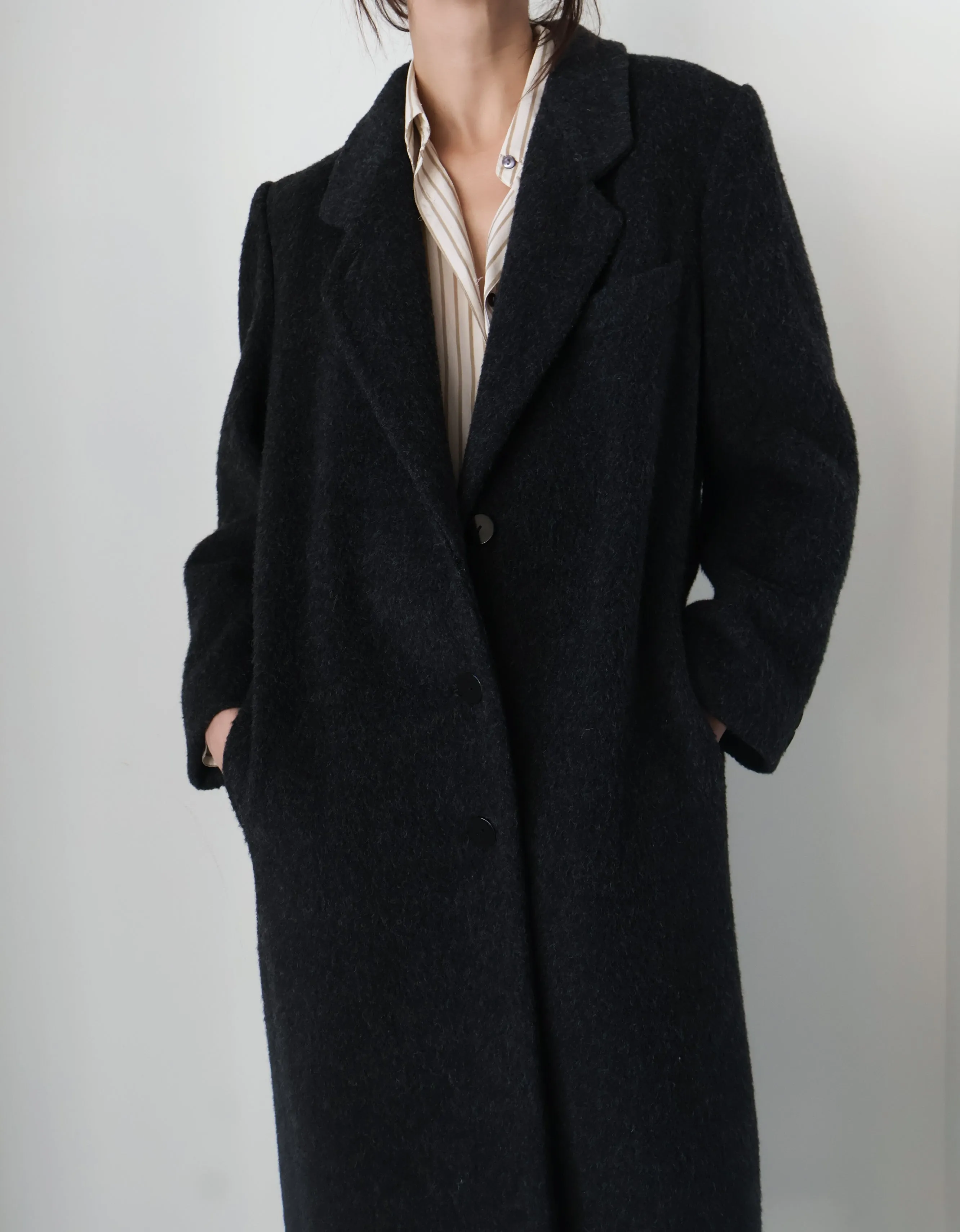 Vintage Charcoal Wool Long Overcoat