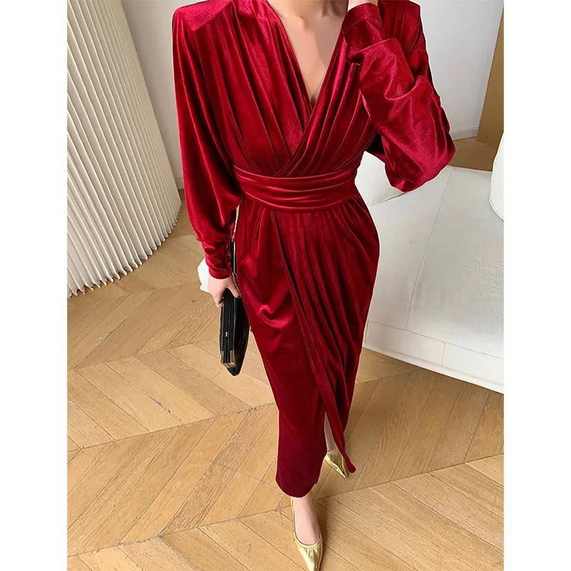 WANXO French red pleated velvet dress new gold-like waist bottoming skirt- Winny