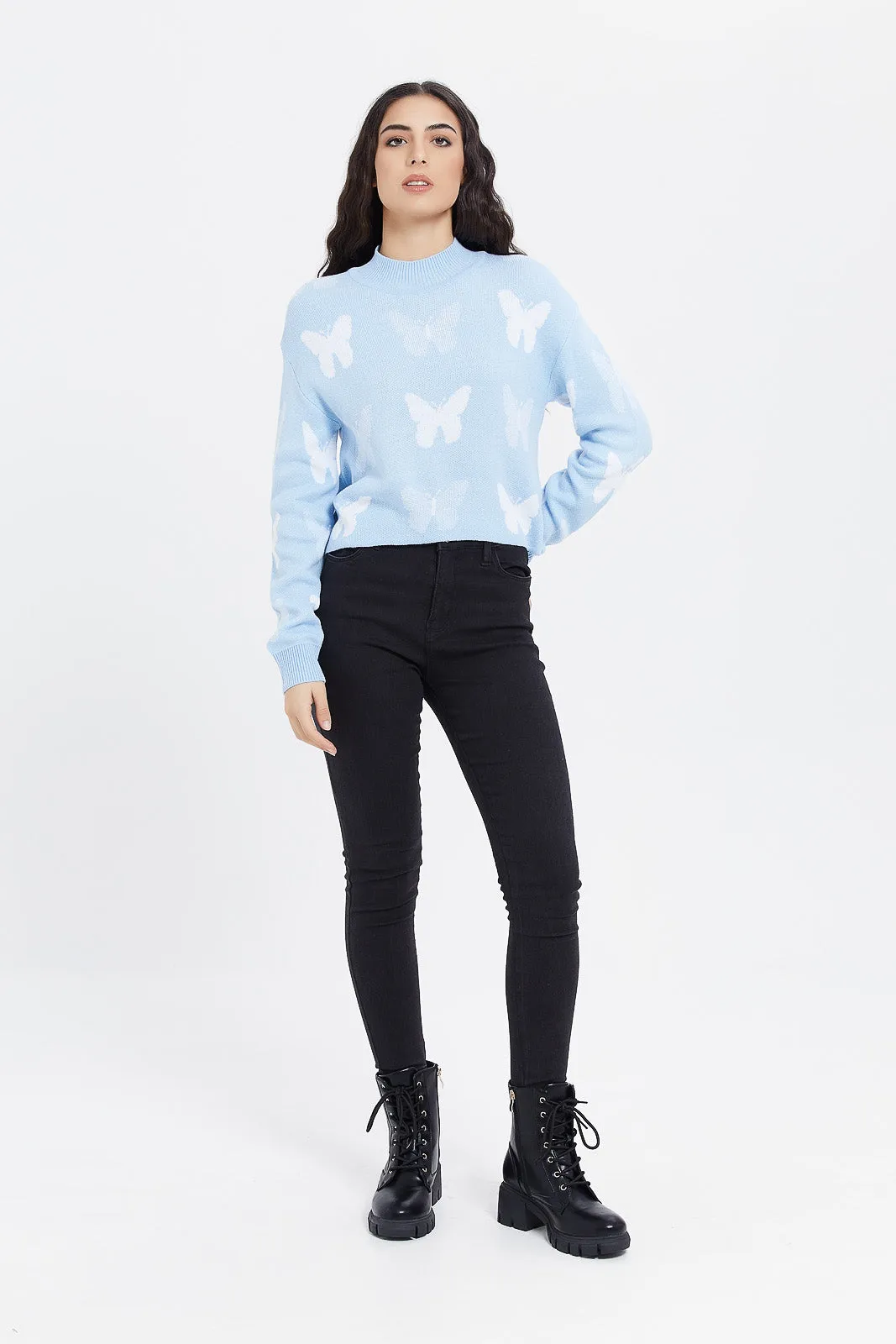 Women Blue Butterfly Knitted Pullover